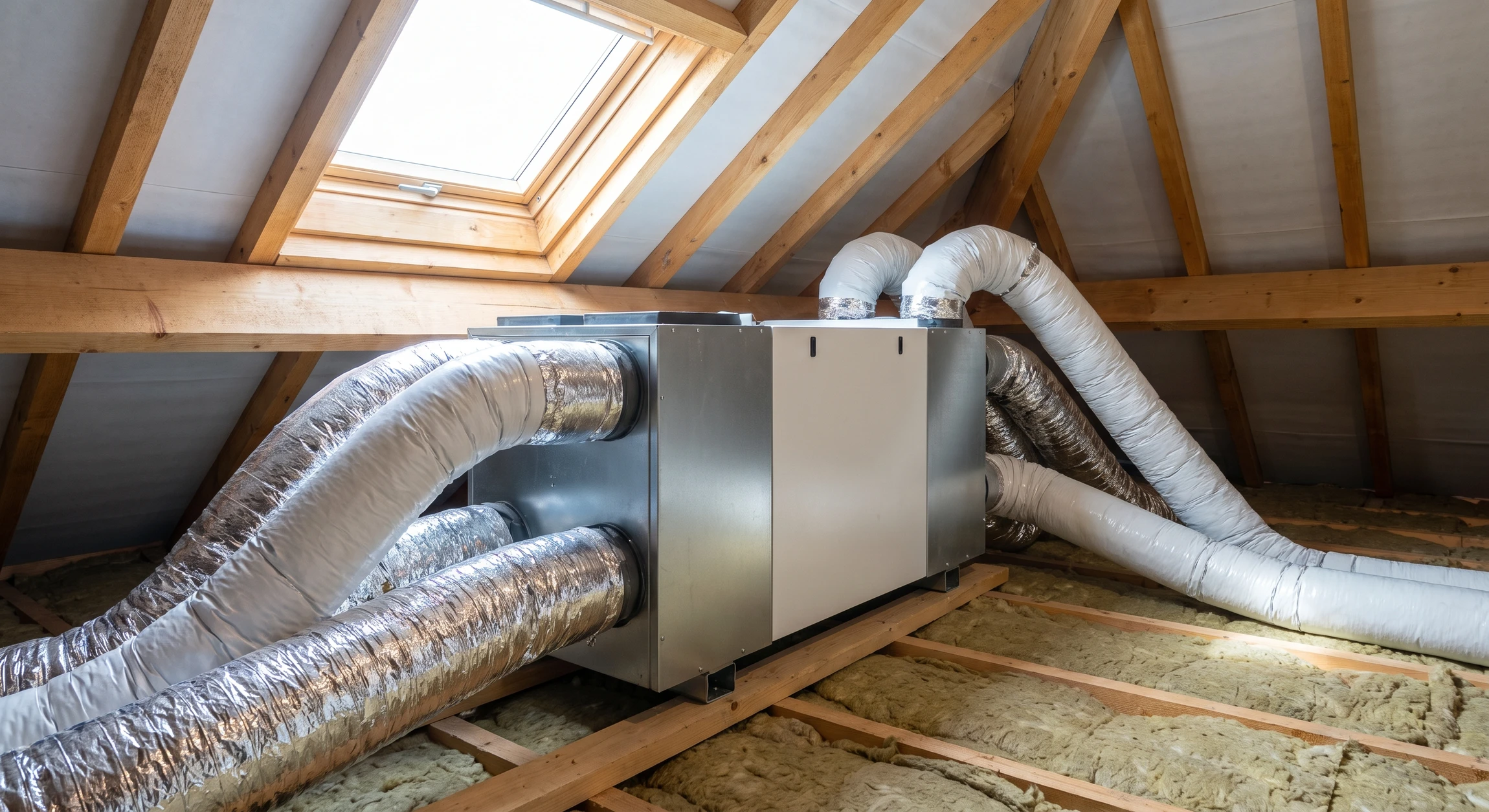 Caisson de ventilation double flux avec échangeur thermique thermodynamique installé dans les combles d'une habitation résidentielle, entouré de gaines flexibles isolées raccordées en entrée et sortie, éclairage naturel de comble, vue rapprochée de l'équipement technique neuf prêt à fonctionner.